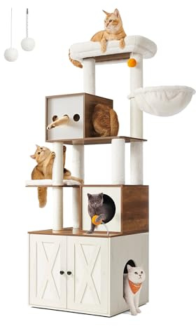 Feandrea Arbre à Chat Moderne avec Cache-litière, 178 cm | Tour de Jeu, Griffoir avec Maison de Toilette, Niche, Plateforme, Tapis Lavables, Marron miel, Collection HAINS PCT116K03