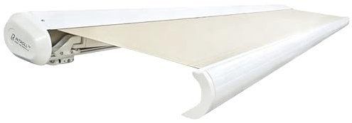 INTELROLL INT500 FULL Cassette Retractable Awning Canopy 5m x 3.5m / 16’5″ x 11’6″ for Garden Patio or Shop Front LED Remote WHITE Frame CREAM Desert ACRYLIC 320gsm Fabric