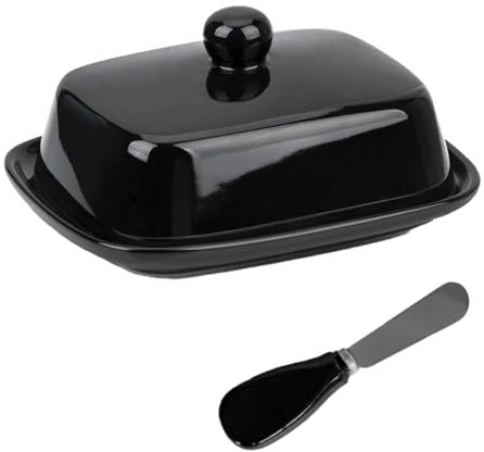 Ceramic Butter Dish with Lid and Handle, Home Ceramic Butter Dish with a Butter Spatula for Countertop, Porcelain Health Dishwasher Safe, Black