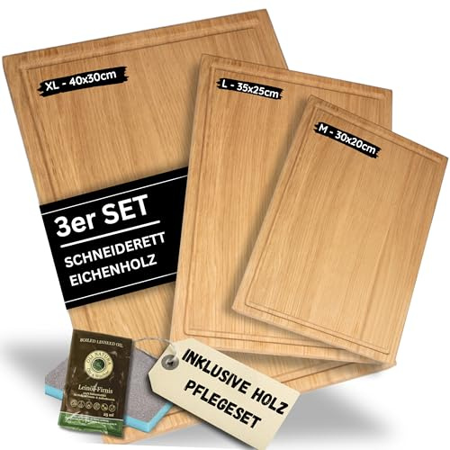 ASTREIN® Schneidebrett Eiche – Massives Holzbrett 3er Set – Hochwertiges Küchenbrett aus Eichenholz – Robust, langlebig & messerschonend – Ideal als Schneide‑ & Servierbrett (3er Set)