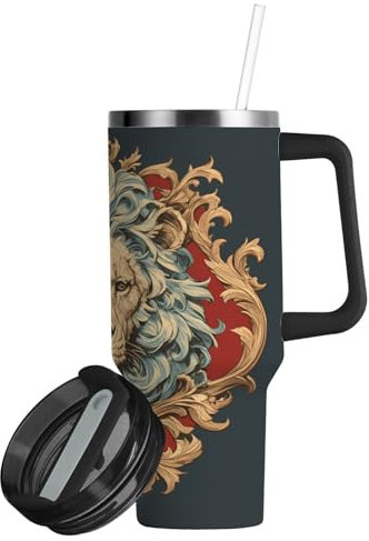 linqin Pequeño León Borgoña Vaso aislado al vacío tapa a prueba de fugas y popote, botella de agua de acero inoxidable de 30 onzas, boca ancha, taza de viaje para café para mujeres y hombres