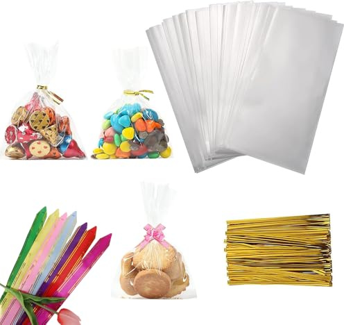 100 sacchetti di plastica di carta di vetro trasparente (15 x 25), sacchetti per biscotti di sicurezza alimentare con 100 fiocchi colorati misti casualmente e cravatte, abbinati a 108 piccoli adesivi