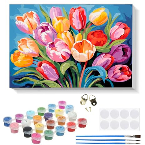 RICUVED Fleur Peinture Numero Adulte,Colorés Tulipe Kits de Peinture au Numéro avec pinceaux Peinture de Dessin de Pigment Acrylique, Paint by Numbers avec Cadre pour Décoration 20x30cm