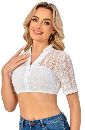 Soudittur Elegante Camicia Dirndl da Donna Bianca con Pizzo, Maniche Corte e Scollatura a V, Camicia Tirolese Tradizionale per Oktoberfest (IT, Testo, M, Regular, Regular, Bianco)