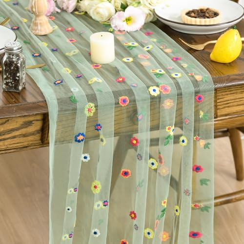 Artoid Mode Salbei Grün Tüll Stickerei Blumen Gaze Frühling Tischläufer 70x300 cm, Sommer Küche Tisch Dekoration Drinnen Urlaub Party Dekor