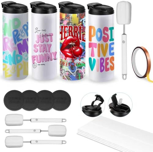 Caffoltgo Lot de 4 gobelets à sublimation isothermes à double paroi en acier inoxydable pour loisirs créatifs - 600 ml avec couvercles et pailles,Double prise d'eau (4pcs-A)