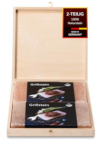 Landkaufhaus Mayer® Grillstein Geschenk Set für Männer 2-teilig Steinsalz aus der Saltrange in Pakistan Bez. Typ Himalaya – Edle Holzbox für zartes Grillgut – Ideal für Papa & Grillfans