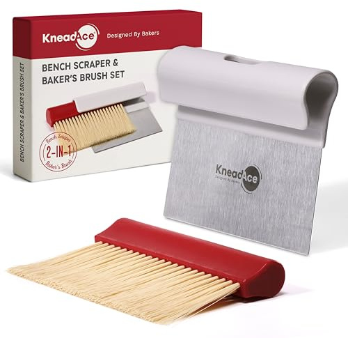 KneadAce Dough Scraper & Baker’s Brush Set. Stainless Steel Bench Scraper & Flour Cleaning Brush. Kitchen Tool for Pastry, Sourdough and Baking Prep Bread Dough Cutter, Gift For Bakers (White/Red)