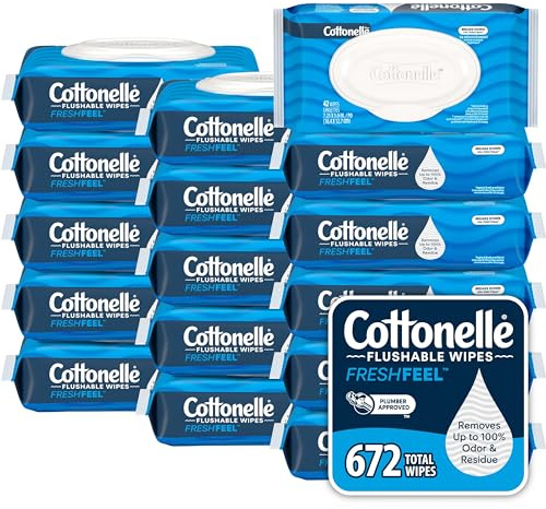 Cottonelle Fresh Feel Flushable Wet Wipes, Adult Wet Wipes, 16 Flip-Top Packs, 42 Wipes Per Pack (672 Total Wipes), Packaging May Vary
