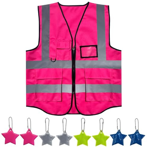 PacuM Gilet Alta visibilità Uomo con 8 Etichette Riflettenti Poliestere Leggero e Resistente con Tasche Attentamente Progettate per Conducenti Cantiere Stradale Assistenza Uomo Donne(Rosa)