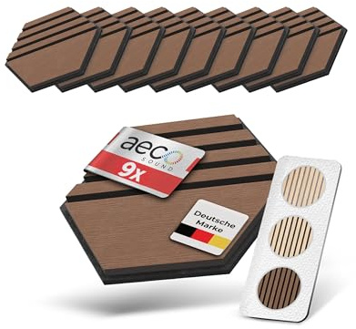 Aeco Sound® Akustikpaneele Holz - selbstklebend - Echtholz & Akustikfilz | 9 Stück - Hexagon Wandpaneele, Schalldämmung, Wandverkleidung - Eichenholz (dunkel) & extra dicker Akustikfilz (Schwarz)