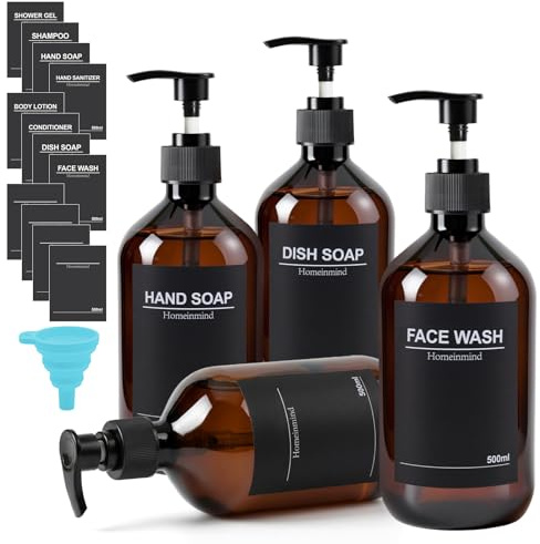 4er Seifenspender Braun,500ml Shampoo Flaschen zum Befüllen Duschgelspender,Spülmittelspender Küche,Badezimmer Seifenspender Set Shampoo Spender für Dusche mit Trichter und Wasserdichten Etiketten