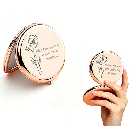 RSQGT Personalisierter Taschenspiegel Klappbar mit Geburtsblumen - Doppelseitiger Kompaktspiegel mit Gravur, Individuelles Geschenk für Tochter, Freundin & Frau zum Geburtstag (Roségold)