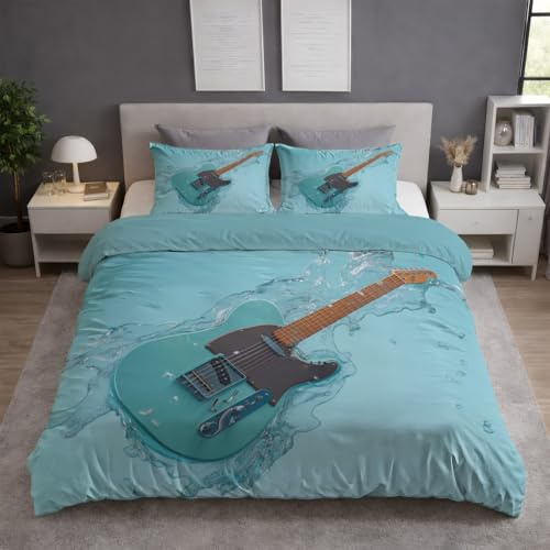 Generic Cyan Fantasy Ethereal Elegant Guitar Print Duvet Insert Cover 2pc Premium Microfibre Duvet Cover 1 Pillowcase Lightweight Stain-Resistant Teens Young Adults Twin Size(64 x 86)
