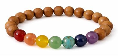 happymaker - 7 Chakra Armband Damen Herren, Edelstein Armband mit Holzperlen 8mm, elastisch, Yoga Schmuck für Meditation, Balance & Energie, handgefertigt in Deutschland