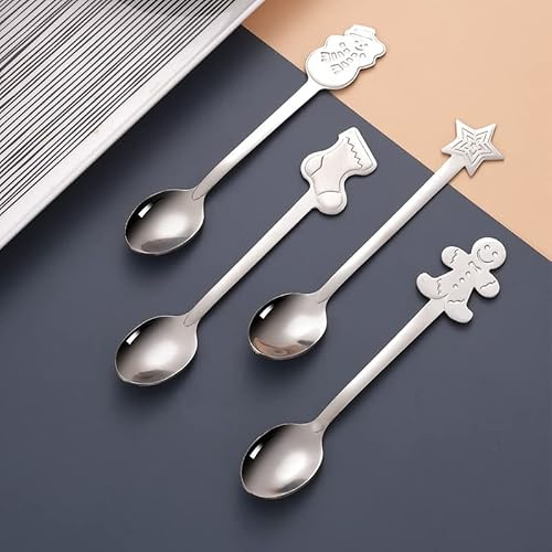 BAFOVY Set di Cucchiaini da caffè in Acciaio Inox, Set di Cucchiai Natalizi, 4 Pezzi, per Dessert, Torte, Cucchiai, Manico Ergonomico Lucidato a Specchio, per caffè, tè, Dessert a Casa, Feste, (#1)