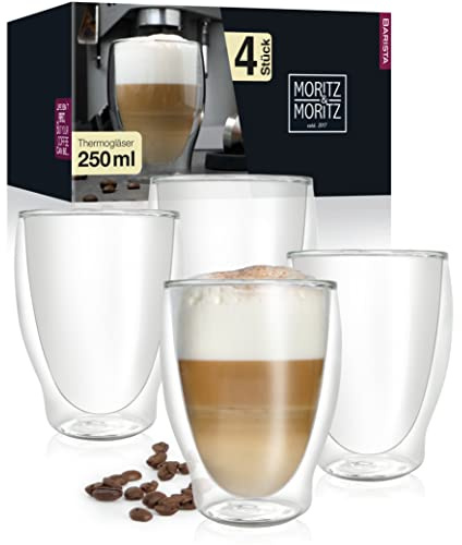 Moritz & Moritz Cappuccino Gläser doppelwandig 4x 250 ml Kaffeegläser | Thermogläser aus Borosilikatglas für Latte Macchiato, Tee und Eiskaffee, kratzfest und spülmaschinengeeignet