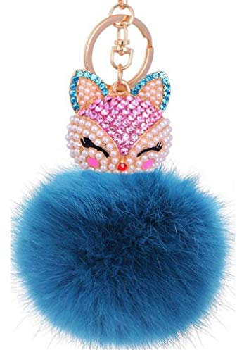 Schlüsselanhänger plüsch Ball mit Fox Kopf Strass Perle Anhänger Taschenanhänger Strass bommel Keychain Elegant Plüsch-Kugel Auto-Anhänger Pompom Weich Schlüsselring (Blau-24)