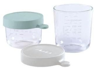 BÉABA, 2er-Set Baby-Speisebehälter/Extra-stabile Gläser, hergestellt in Frankreich, 100 % dicht, temperaturbeständig, gefrierfest, sterilisierbar, mit Skala, 150 ml Airy Green / 250 ml Light Mist
