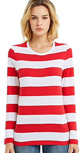 Long Sleeve Tops Women Wide Striped T Shirts Round Neck Red White Stripes Tee S
