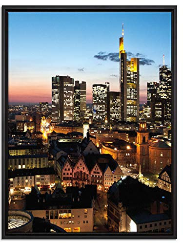 Pixxprint Frankfurt Skyline Leinwandbild 80x60 cm im Bilderahmen, Wandbild, Schattenfugenrahmen, Kein Poster