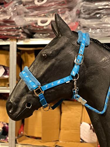 Equipride Halfter aus Nylon, mit Pferdemotiv, mit passendem Leinenseil, Hellblau (Shettland)