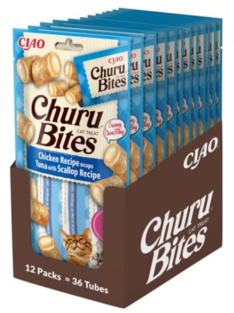 INABA Churu Bites, Katzenleckerlis mit Thunfisch und Jakobsmuschel, 12x30g | Ohne Getreide und Zucker, Ohne Nebenerzeugnisse, Katzensnacks, Hochwertige Zutaten, Perfekt zum Verstecken von Tabletten