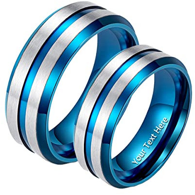 Gualiy Paarringe Für Sie Und Ihn Set, Edelstahl Ring Vintage Silver Blauer gebürsteter Ring 8mmPaarringe Personalisieren, Damen 57 (18.1) & Herren 65 (20.7)