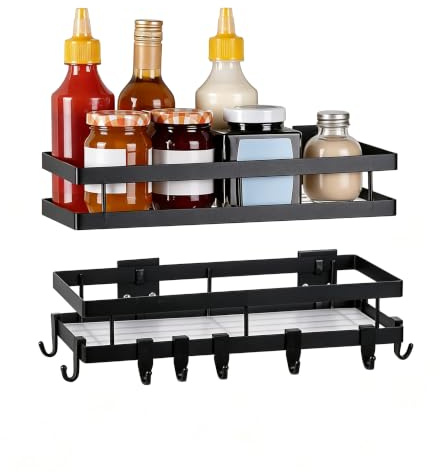 YunNasi Gewürzregal Ohne Bohren Küchenregal Schwarz Metall 2 Etagen mit 8 Abnehmbaren Haken Wandregal Regal zum Kleben Morden Design für Küche Badezimmer Balkon (Schwarz, 30cm)