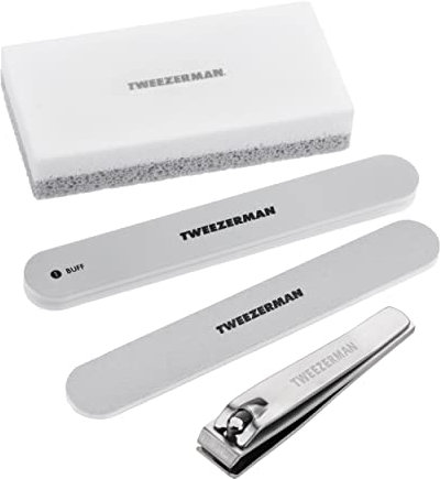 Tweezerman Essential Pedicure Kit, Pedicure Stone, Stainless Steel Toenail Clippers, Nail File and Nail Buffer (Set of 4)