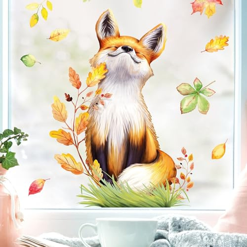 Wandtattoo Loft Fensterbild Herbst Mit Fuchs und Blättern Motiv - A2 Bogen Deko für Kinderzimmer - Fensterfolie Mit Herbstblättern