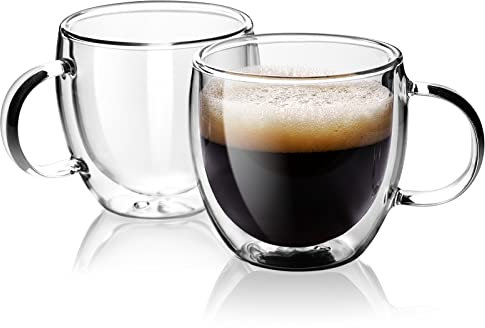 Stylusella Tazas de café espresso de doble pared de 150 ml, un juego de 2, tazas de vidrio de borosilicato con aislamiento térmico con asa