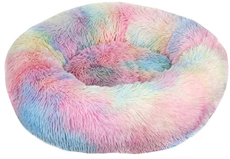 Lukery Hundebett Katzenbett Flauschig Rund aus Plüsch, Kuscheliges Donut Hundekissen und Katzenkissen Weiches Plüsch Hundeliege für Kleine, Mittelgroße und Große Haustiere (80CM,Regenbogen)