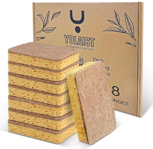 8 Pack Eco Sponge Washing up Compostable Kitchen Dish Sponge Biodegradable Washing Up Scrubber Sponges for Dishes with Heavy Duty Scouring Pad