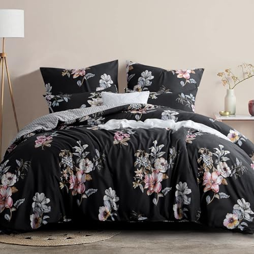 RUIKASI Bettwäsche 200x220 3 teilig Schwarz - Bettbezug 200 x 220 Set mit Blumen Muster, Bettwäsche-Sets 200x220cm aus Mikrofaser mit Reißverschluss Weich und Bügelfrei
