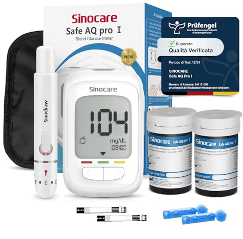 Sinocare Safe AQ Pro I Glucometro Misuratore Glicemia nel Sangue Diabete Test Kit con Strisce in Argento-Carbonio, Alta Precisione, Marcatori Prima/Dopo Pasto con 50 Strisce e Lancatte