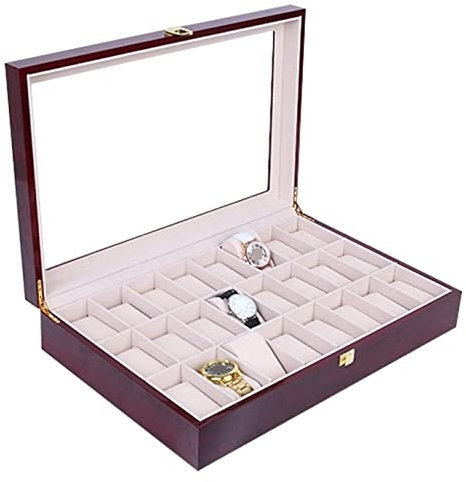 Uhrenkasten Uhrenbox Uhrenschatulle Klassische Uhrenbox Aus Holz Mit 24 Fächern, Uhrenbox, Organizer, Abschließbar, Schmuckhalter, Transparente Oberseite Uhren Aufbewahrungsbox Uhrenetui ( Color : Roo