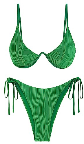 ZAFUL Two Piece Swimsuits for Women Padded Push Up Underwire Bikini Sets String High Cut Swimwear Deep Green L