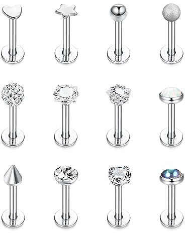 Morfetto 12PCS 16G G23 Titanium Labret Studs Piercing à Lèvres Tragus Helix Boucles d'oreilles Coeur Opale Anneaux de Nez Boucles d'oreilles Cartilage Hypoallergénique Monroe Piercing Bijoux 10mm