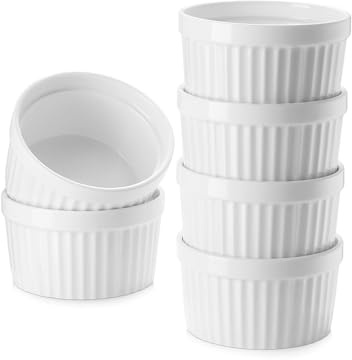 Samsle Ramekins de cerámica de 8 onzas, aptos para horno, pequeños platos de soufflé para crema brulee, helado, salsa y salsas, mini cuencos de porcelana blanca para hornear, juego de 6