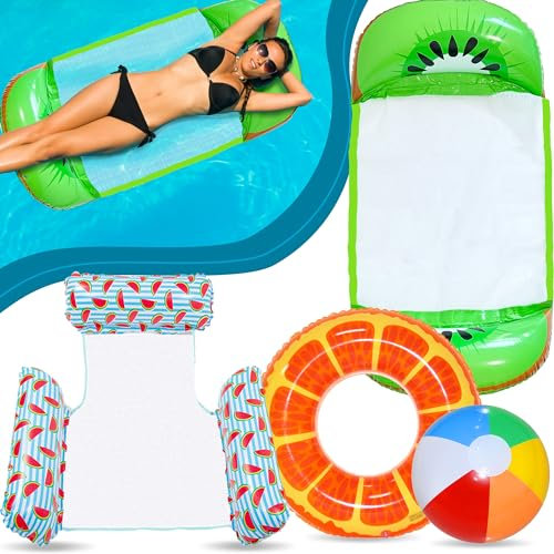 Lubibi Colchoneta Piscina Adultos, 4 En 1 Adultos Hinchables para Piscina Flotadores,2Pcs Hamaca De Agua Inflable, Anillos De Natación Inflables, Tumbona Hinchable,Accesorios para Fiestas En Piscina
