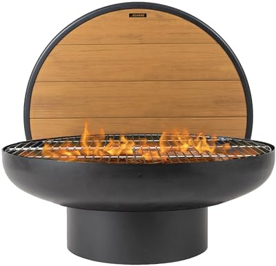 DENKOE 32 Inch Round Fire Pit Table with Grill, Extra Thick, Heavy Duty Fire Bowl, Deep Outdoor Firepit, Wood Burning for Outside Patio, Backyard