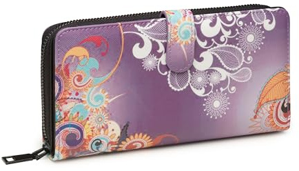KARMA.DIEM Damen XL Geldbörse | Ethno-Boho-Stil mit farbenfrohem Mandala- und Blumenmuster, 19 Kartenfächer, Reißverschluss und Druckknopfverschluss, Münz- und Handyfach (Lila)