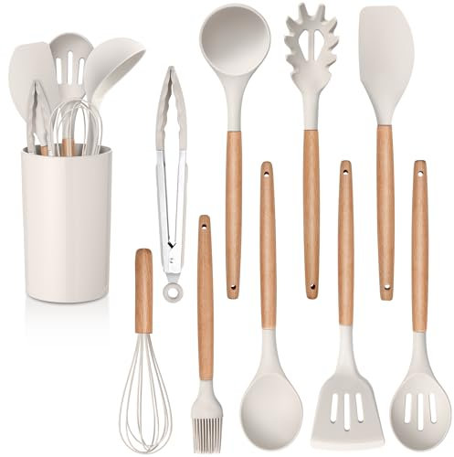 Herogo Kitchen Utensils Set with Holder, 10 Pieces Silicone Cooking Utensil with Wooden Handle, Heat Resistant & Non-Stick, Cooking Spatula Turner Tong Gadgets Tools Set – Khaki