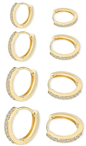 Boucles d'oreilles Créoles pour Femmes - 4 Paires Délicates en Strass Cubiques pour Plusieurs Piercings Pendantes pour Cartilage, 6/8/10/12 mm (Or)