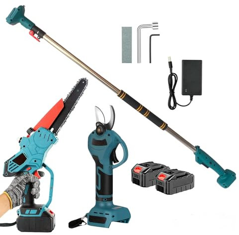 Kit da Potatura 3 in 1 Mini Motosega a Batteria 8 + Forbice Cesoia a Batteria + Asta Telescopica 130-210cm con Doppia Batteria 68V per Potatura Giardino Rami Arbusti Vigneto