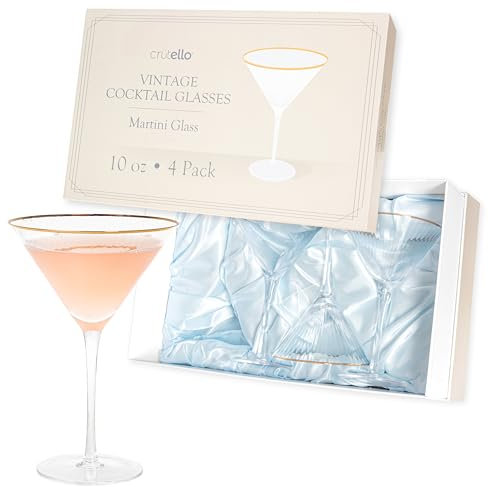 Crutello Vintage Martini Glasses Set of 4-10 oz Vintage Cocktail Glasses with Ribbed Glassware Texture and Gold Rim - Fluted Art Deco Coupe Martini Glass for Cocktails