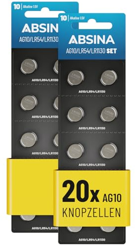 AG10 LR1130 knappcell 20-pack – 1,5 V alkaliska knappceller läckagesäker och med lång hållbarhet – LR54/V10GA/RW49/G10A/189/GP189/L1130/89A – knappbatterier batterier ABSINA