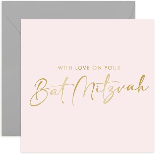 Carte de vœux avec inscription « With Love On Your Bat Mitzvah » pour fille – Carte de vœux classique moderne et contemporaine – Cadeau Bat Mitzvah pour elle – Design rose pâle et feuille d'or – Carte