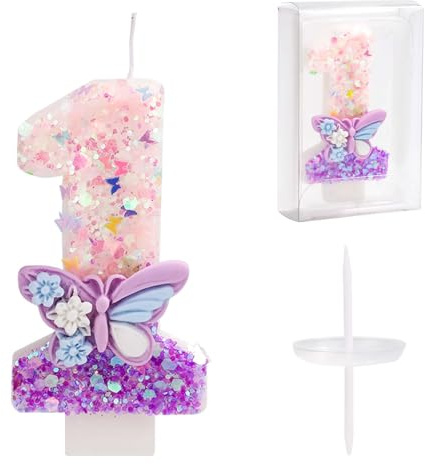 Birthday Candles Numbers, 2.8in Butterfly Birthday Candles Glitter Number Candle with Sequins Cake Candles Toppers Decorations for Girls Women Anniversary Celebration Party Supplies (Number 1)
